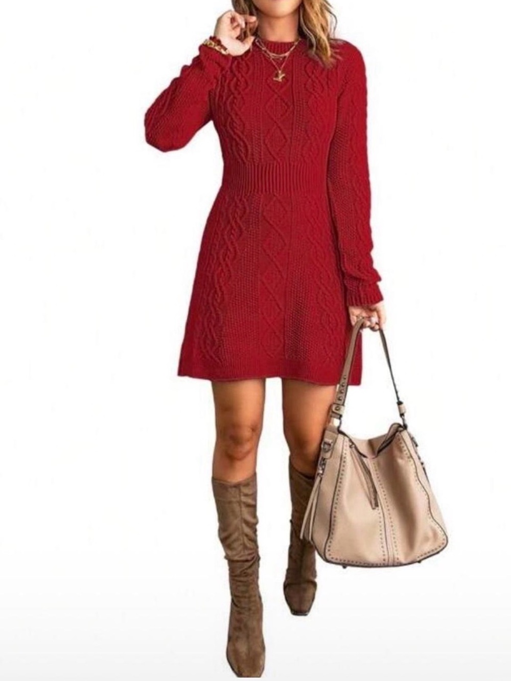 Cable Knit Long-Sleeve Sweater Dress in Red